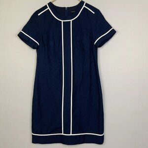 Banana Republic Sz 2 Navy Blue White Trim Linen Short Sleeved Shift Dress Mod